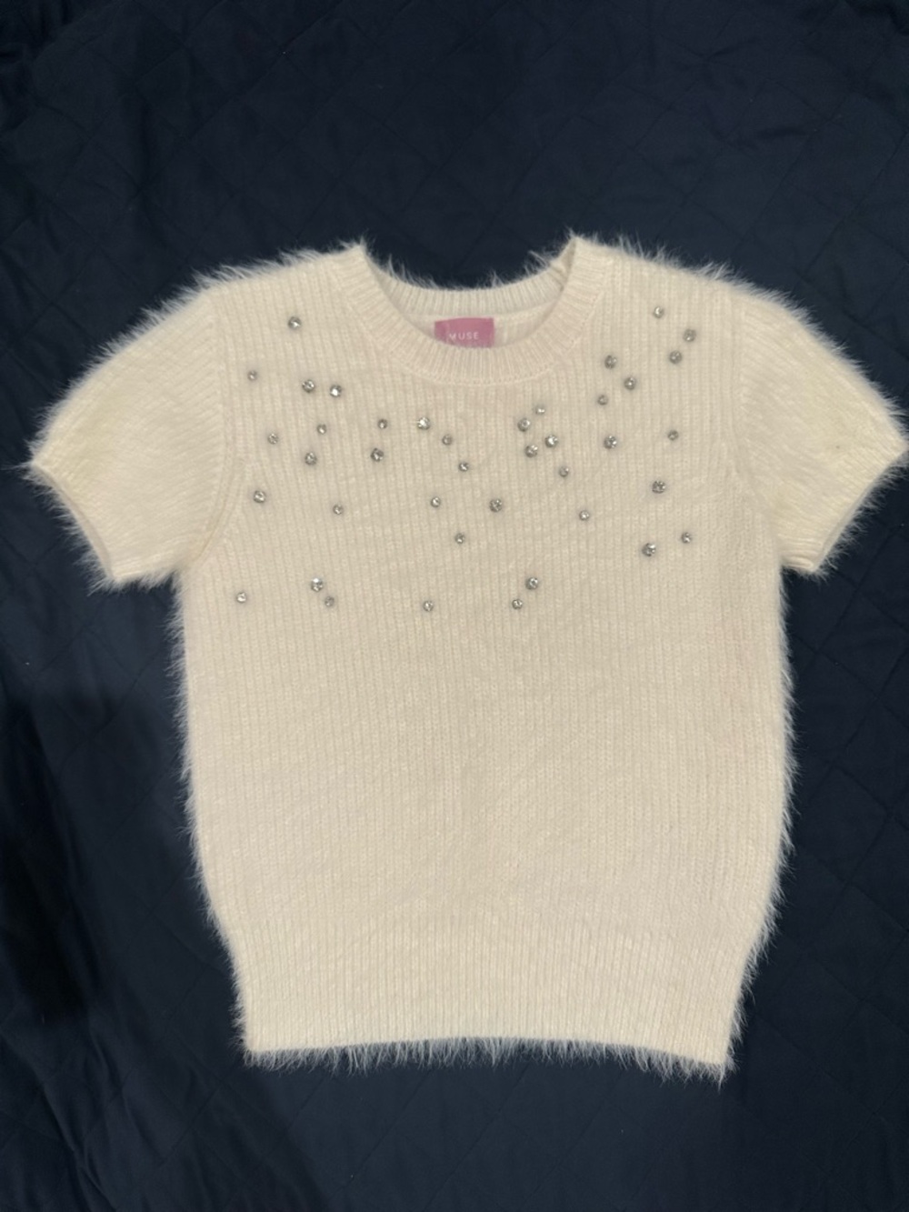 Muse Cream Fuzzy Short-Sleeve Top with Rhinestone Accents